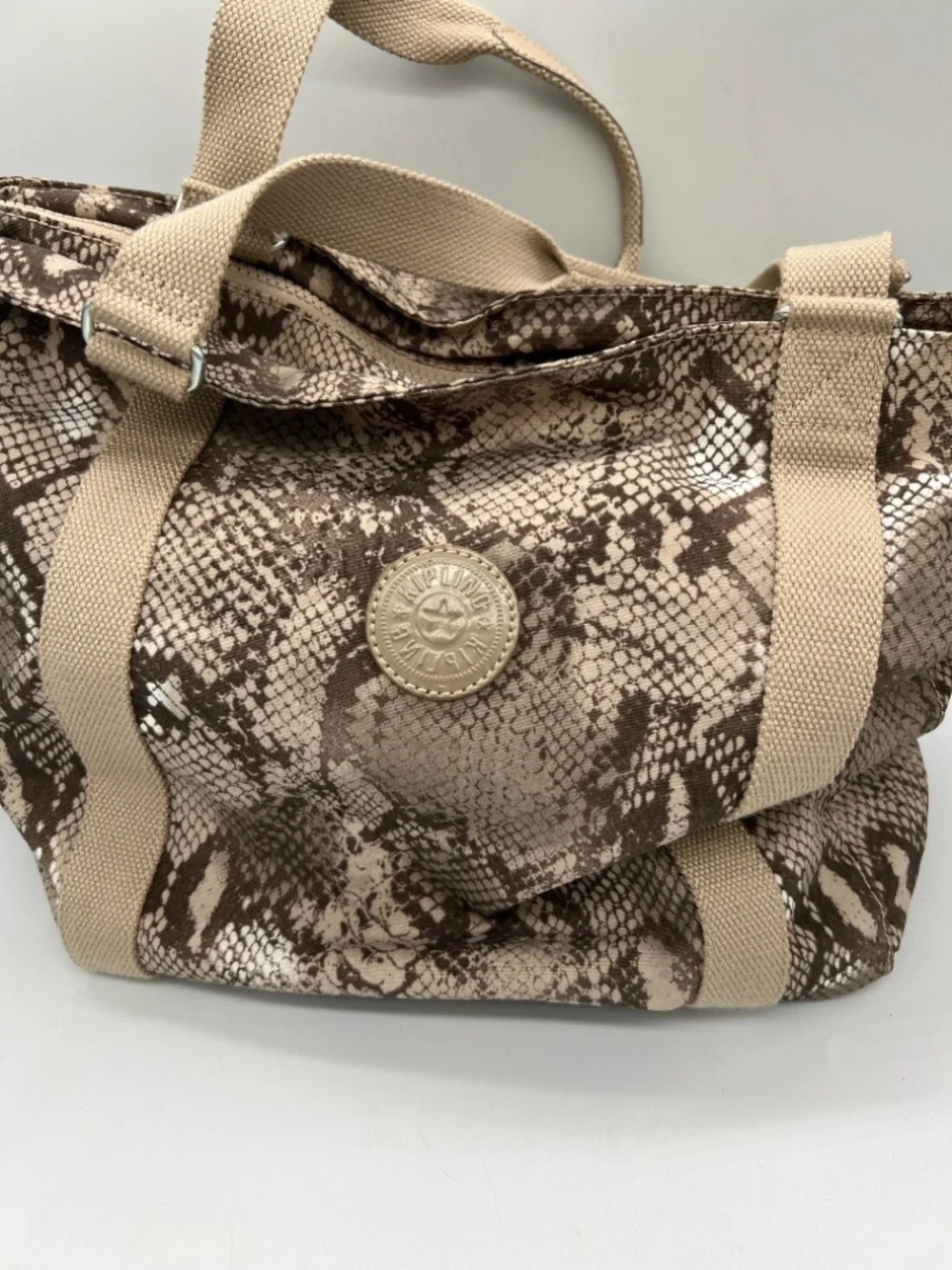 Kipling Taupe Snake-Print Canvas Tote with Beige Webbing